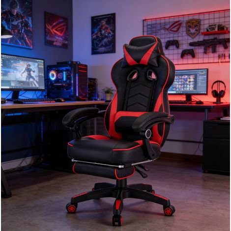 Chaise gaming 56x46x121-128 cm noir et rouge en similicuir et métal avec repose-pieds (1/5)