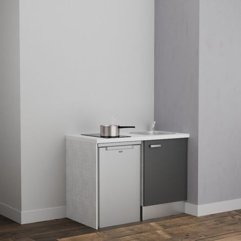 Kitchenette K08L-PT - 120 cm avec plan de travail et évier - Façade Gris - Plan Blanc - Crédences Non