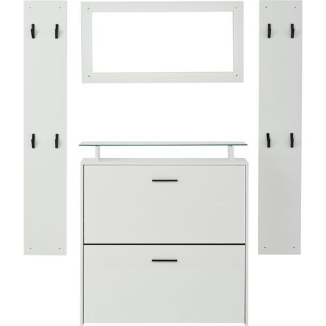 Set da ingresso 4 pezzi con scarpiera, specchio e 8 ganci 89,5x23x96,5 cm bianco (1/5)