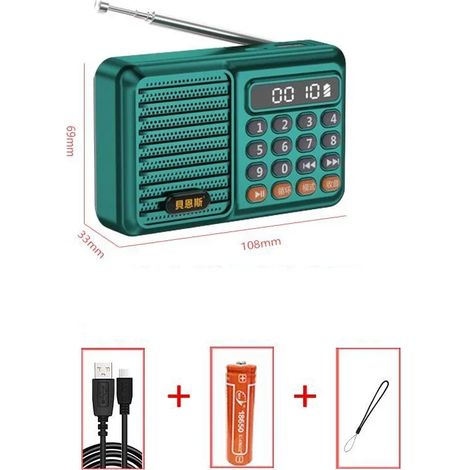 Mini radio FM (verte), écran LED, haut-parleur Bluetooth, lecteur MP3, compatible carte TF et clé USB (1/5)