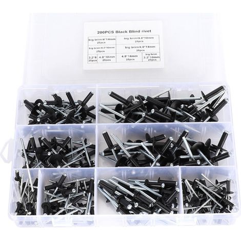 Kit de rivets aveugles noirs, 200 pièces, assortiment de fixations en aluminium 3.2/4.0/4.8mm (1/5)