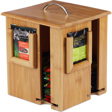 Relaxdays Tea Box, Contenitore Girevole, Coperchio Rimovibile, 4 Scomparti, 160 Bustine, 20,5x18x18 cm, Legno Naturale (1/5)