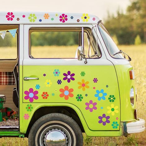 96 autocollants de fleurs pour voiture, thème hippie années 60, autocollants marguerites multicolores, autocollants en vinyle rétro, autocollants hippies colorés, fleurs W
