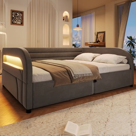 Lit banquette coffre 140x200cm avec rangement hydraulique,LED RGB et côtés rembourrés en flanelle gris (1/5)