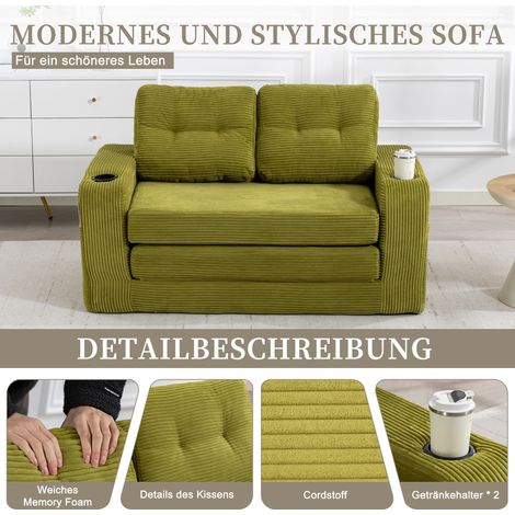Canapé 2 places velours côtelé olive, canapé-lit convertible sans cadre, fauteuil double avec porte-gobelets et poches latérales, pouf rembourré matelassé dossier, sofa tissu grand format