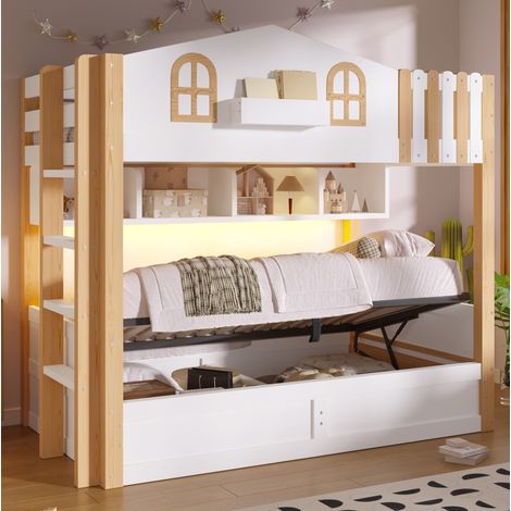 Letto a castello per bambini 90x200 cm, con contenitore idraulico, LED, scaletta reversibile, senza materasso (1/5)