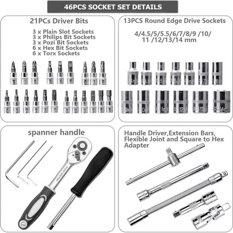 Ensemble de douilles à entraînement 1/4 pouce 46 pièces, ensemble ,kits d'outils mécaniques pour la réparation automobile domestique (1/3)