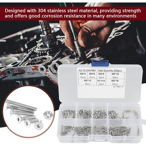 Kit d'assortiment de 230 vis et écrous à tête plate M2 en acier inoxydable 304 avec boîte