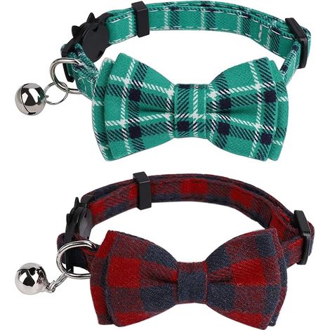 Paquete de 2 collares para gatos con cascabeles y pajaritas, patrón de cuadros ajustable, con hebilla de seguridad, adecuado para perros pequeños y gatitos.
