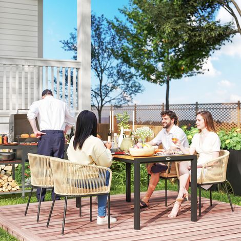 Set di mobili da giardino composto da 5 pezzi: 4 sedie, 1 tavolo, in rattan sintetico, struttura in acciaio, cuscini lavabili, per patio, colore kaki. (1/5)
