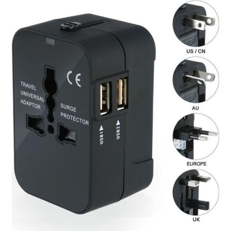 Adaptateur multifonctionnel, chargeur/adaptateur de voyage universel, équipé de 2 ports USB - noir (1/4)