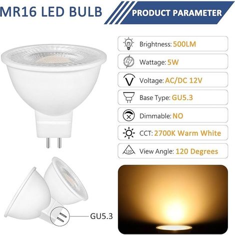 Ampoules LED 5W MR16 GU5.3 12V, Blanc Chaud 2700K, 5W Equivalent à 50W Lampe Halogène, 500LM, 120° Angle, Ampoules MR16 LED Spot Lampe Réflecteur, Non Dimmable, Lot de 6 (1/4)
