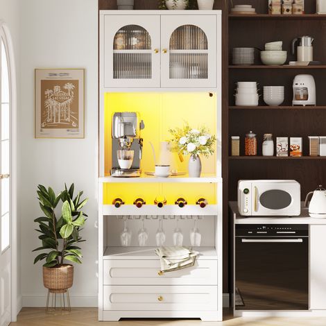 Armoire haute avec portes vitrées incurvées, éclairage LED contrôlé par application et synchronisation musicale, étagères réglables, casier à vin, port USB, dispositif anti-basculement, pour salon et (1/5)