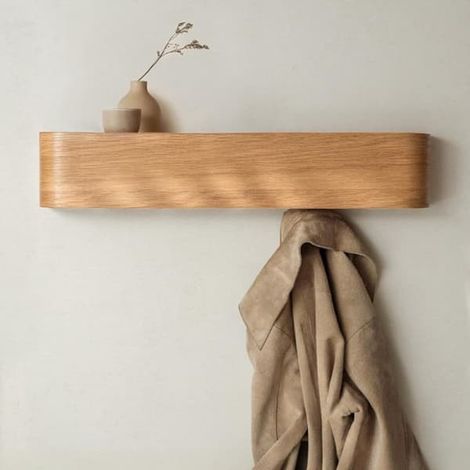 Porte-manteau mural - Étagère murale - Étagère murale en bois - Porte-manteau avec crochets muraux - Porte-vêtements et chapeaux - Bois - Couleur bois naturel (1/5)