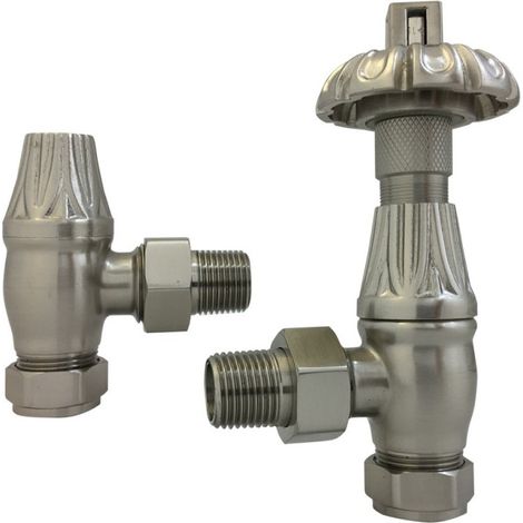 Warmehaus Traditional Antique Style Brass Thermostatic Radiator Valve Lockshield Heated Towel Rail Angled TRV Satin Nickel