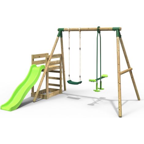 Wooden Double Swing Set with Glider and Slide - Star Green