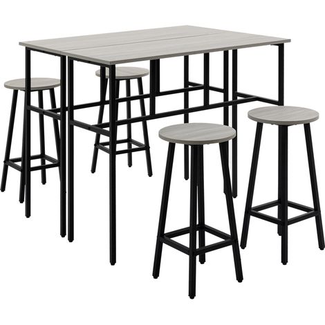 Set da Bar 6 Pezzi con 2 Tavoli Rettangolari e 4 Sgabelli in Legno Truciolato e Acciaio, Grigio e Nero, Design Industriale (1/5)