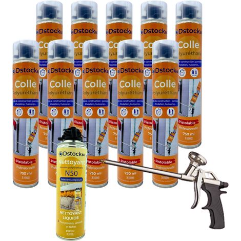 DSTOCK60 - Lot de 10 colles de montage polyuréthane + 1 pistolet + 1 nettoyant mousse - Mousse polyuréthane faiblement expansive pour le collage des panneaux isolants, rouleaux de bitume, huisseries…