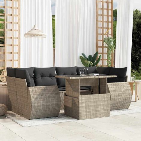 Salon de jardin 7 pièces en résine tressée gris clair avec coussins et table relevable, 68.1kg - PANGIVO (1/5)