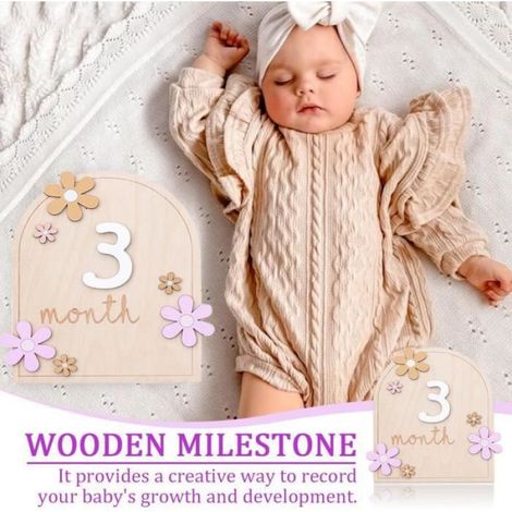 Carte étape bébé style floral en bois, 16 x 16 cm, accessoire photo pour capturer les moments précieux de la croissance du nourrisson (1/4)