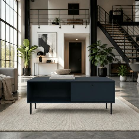 Table basse moderne bleu sombre 2 tiroirs 2 niches RAVEN (1/5)