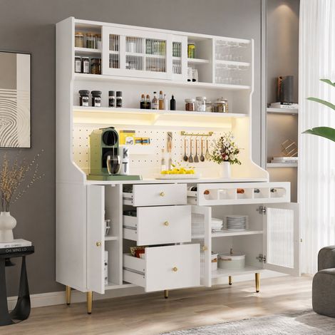 Aparador alto 145x39x171 cm MDF vidrio blanco con LED y botellero, almacenaje integrado – MEUBLIV (1/5)