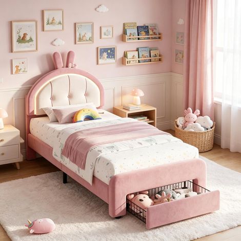 Lit pour Enfant Rembourré 90x200 cm,Lit Simple Fille avec 1 tiroir et LED,Cadre de Lit avec Oreilles de Lapin,Tête de lit Réglable,Sommier à Lattes,pour Filles,Garçons,Velours,Rose (1/5)