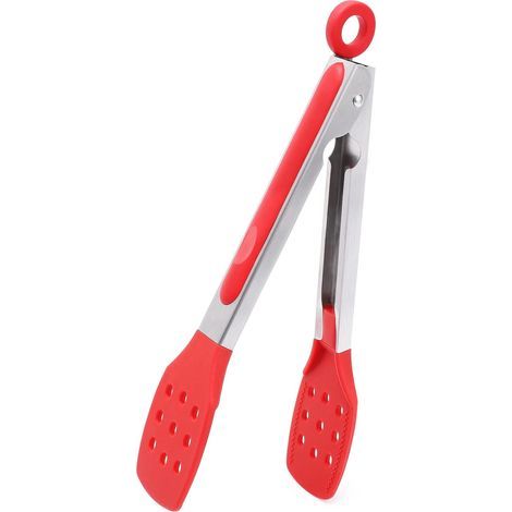 Pince de cuisine, pince de cuisson avec embouts en silicone et manche en acier inoxydable, pince résistante à la chaleur avec revêtement antiadhésif pour la cuisson, les buffets et les salades (Rouge) (1/5)