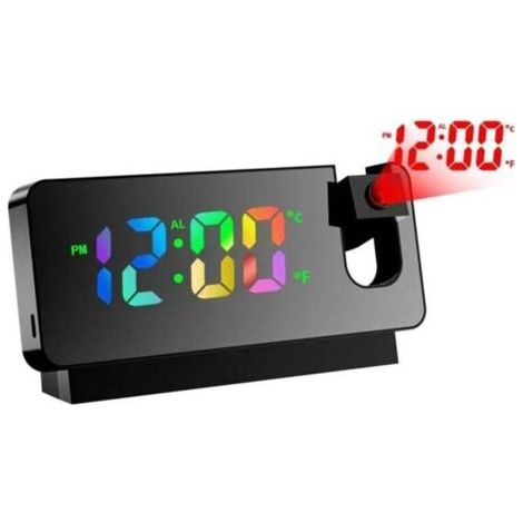 Réveil avec projection, réveil miroir, avec affichage de la température et grand écran LED, rotatif à 180°, alimenté par USB, avec projection de plafond, chambre à coucher (noir) (1/4)