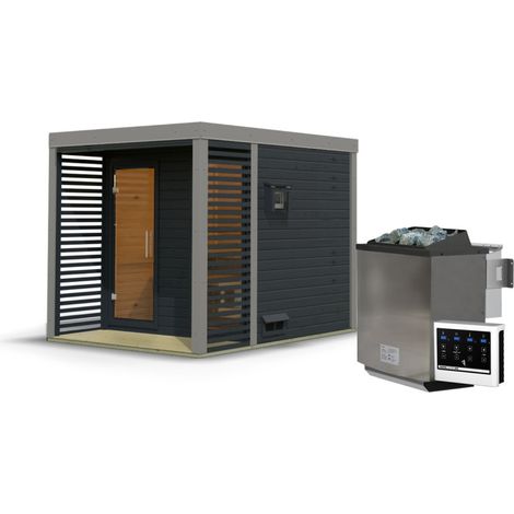Sauna Extérieur Ares 2 Karibu 4-5 Places Epicéa Terrasse Poêle 9kW Anthracite (1/5)