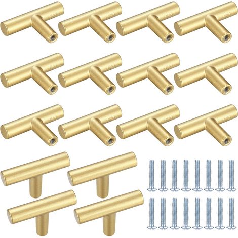 Lot de 16 boutons de porte et tiroir en forme de T, dorés, en acier inoxydable, pour meubles et tiroirs. Vis incluses.