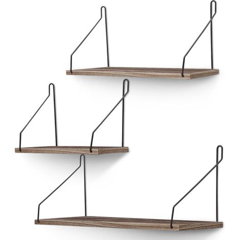 Lot de 3 étagères murales, structure fer forgé, panneau bois épais, style rustique, pour salon chambre bureau (1/5)