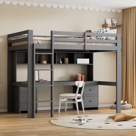 Letto a soppalco, lettino per bambini, letto superiore, tavolino, ampio spazio di stivaggio, ringhiera alta, scala stabile, grigio, 90 x 200 cm (1/5)