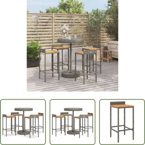 Tabouret de bar - Ensemble de bar jardin 5 pcs gris poly rotin/bois massif acacia (1/5)