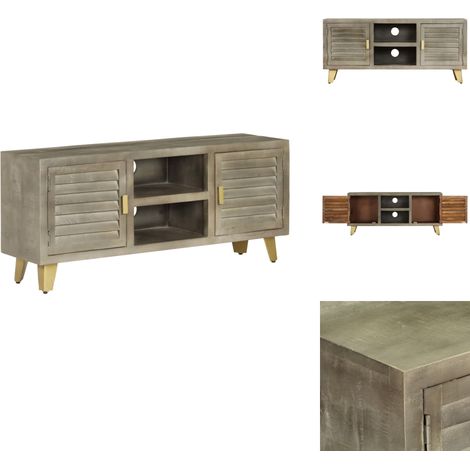 Meuble TV Bois solide de manguier Gris avec laiton 110x30x48 cm - Meubles Tv - Armoire Tv - Meuble Rangement - Meuble Retro - Meuble Design (1/5)