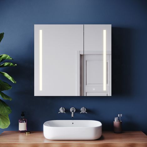 ELEGANT Bathroom Wall Cabinets Illuminated with LED Mirror Shaver Socket Magnifying Mirror and 3 Lighting Modes, Double Door 700x650mm (1/5)