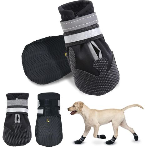 Bottes Chien, Ensemble de 4 Chaussures pour Chiens Antidérapant, Bottes de Protection pour Chien Imperméable pour Chiens de Taille Moyenne et Grande (L, Noir) (1/5)