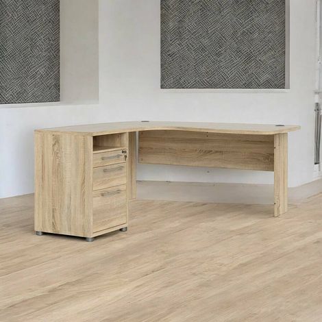 Dmora - Escritorio Roslyn, Escritorio multiusos, Mesa de oficina para PC, El plan de trabajo, 159x150 h75 cm, Roble (1/4)