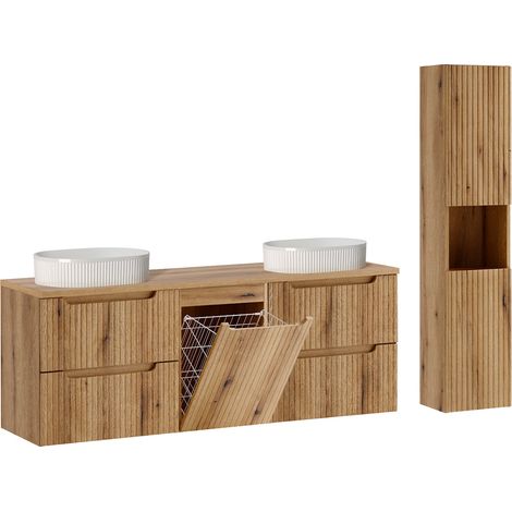 Doppelwaschtisch Set 160cm Wäschekorb und Hochschrank Riva Holz (1/5)