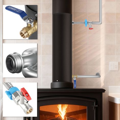 Randaco Tubo camino Ø12 con serpentina in acciaio inox altezza 52,5 cm set completo con rubinetto a sfera Efficiente scambiatore di calore per acqua calda e supporto al riscaldamento (1/5)