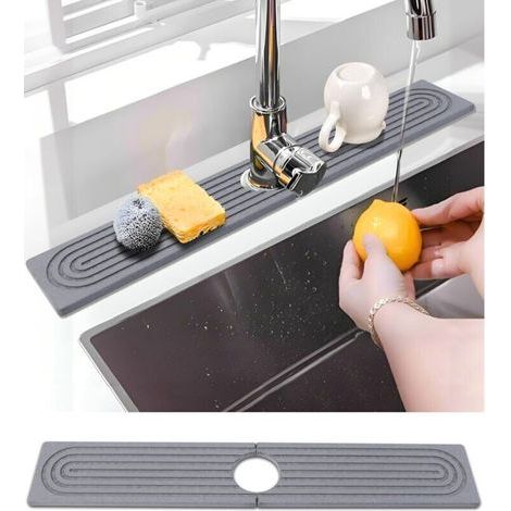 Tapis de Robinet Silicone, Protection Anti-Éclaboussures pour Robinet d'Évier, Tapis d'Évier pour Comptoir de Cuisine et de Salle de Bain (Gris, 30 cm) (1/4)