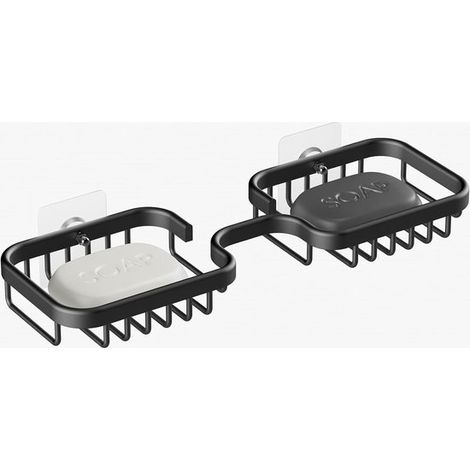 Porte-savon - Porte-savon - Porte-savon - Aluminium - Noir - Double barre - Autocollant - Multifonctionnel - Pour salle de bain, Cuisine (1/5)