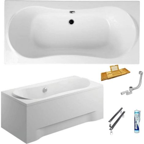 ECOLAM Baignoire rectangle Long Polimat 180x80 cm  planche en Bambou  tablier en acrylique  pieds siphon + silicone  Baignoire rectangle en acrylique blanc (1/5)