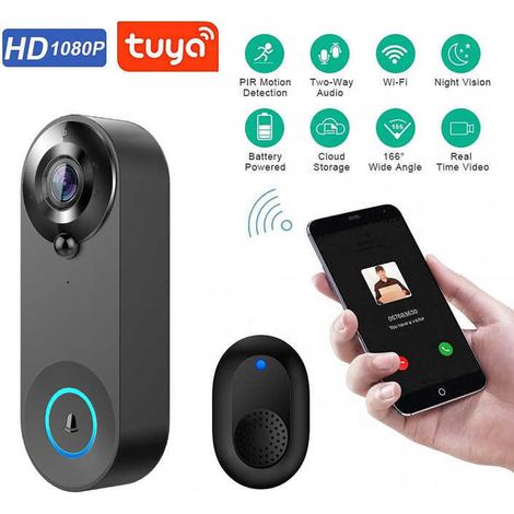 Sonnette vidéo intelligente Tuya WiFi HD 1080P, sonnette sans fil à faible consommation, intercom bidirectionnel, surveillance à distance sur téléphone, angle large 166° (1/2)