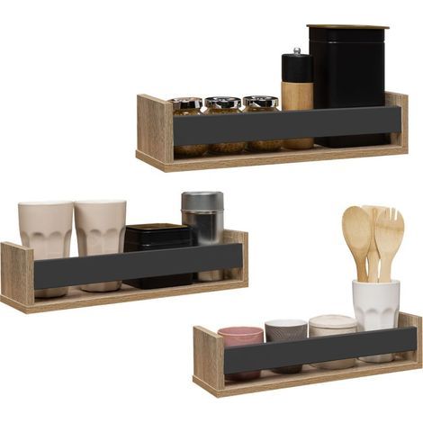 Idmarket – 3er-Set Wandgewürzregale – Länge 41 cm x Breite 12 cm x Höhe 10 cm – Buche und Schwarz – Einfache Montage (1/5)
