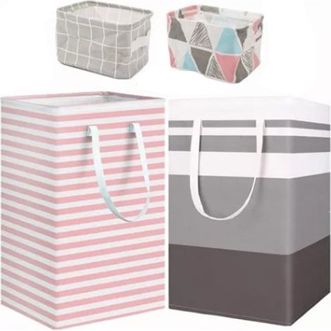 Sac de rangement en tissu 4 pièces, poignées longues antidérapantes, enduit imperméable, pliable, panier à linge pour chambre et salle de bain (1/5)