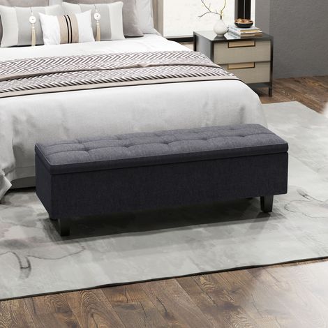 Banc de rangement aspect lin, pieds en hévéa, pour salon, chambre, entrée, gris foncé (1/5)