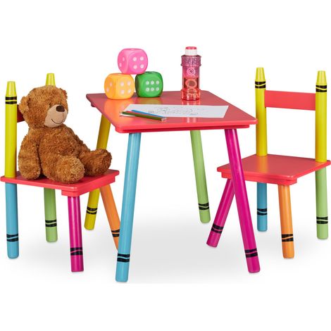 Relaxdays Mesa y Sillas Infantiles Crayones, 2 Asientos, Muebles Niños, MDF y Madera, Minimesa y Minisillas, Multicolor