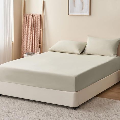 Drap Housse 180x200 Beige - Drap Housse 180 x 200 Bonnet 40cm Matelas en Microfibre 2 Personnes, Doux et Respirant avec Élastique Tout Autour (1/3)