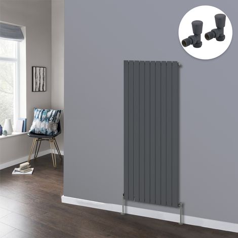 Flat Panel Designer Radiator Bathroom Central Heating Radiators Anthracite with Angled Manual Pair of Valves 1600 x 680mm Vertical Single